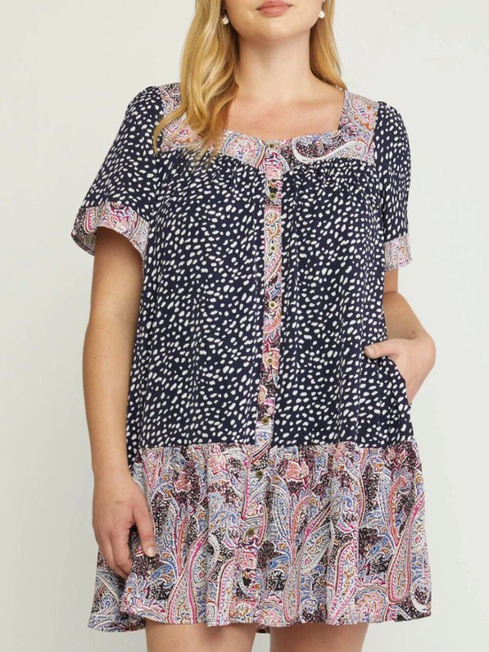 Entro Mini Dress Medium Mixed Print Paisley Multicolor Boho Button Whimsy Fun